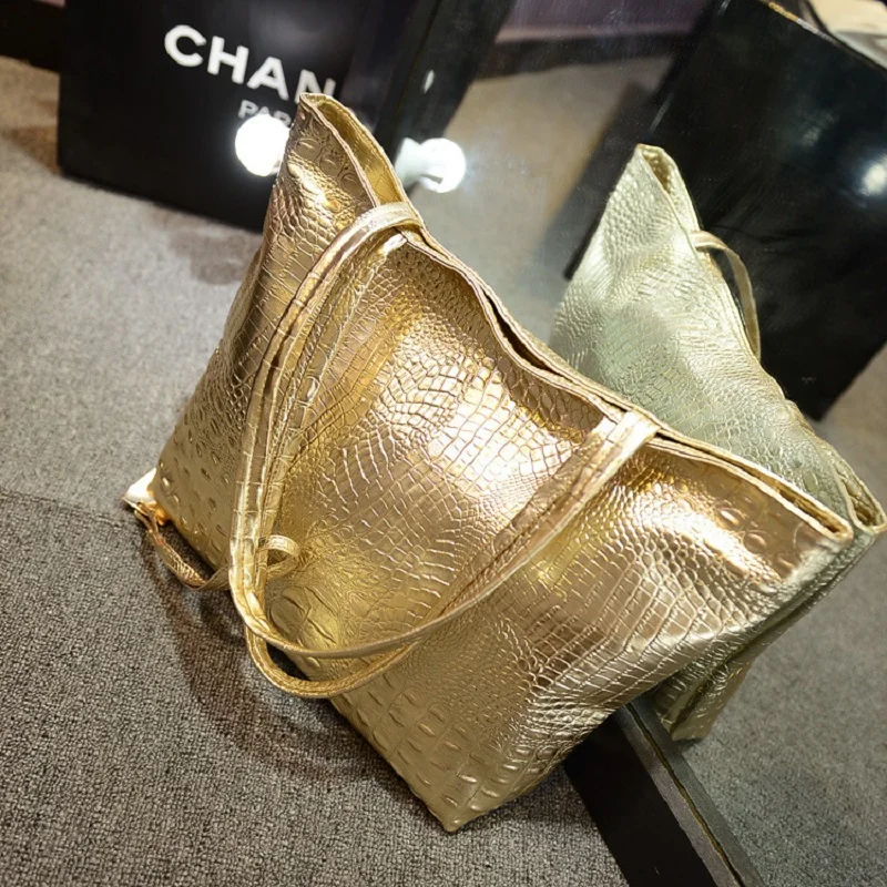 Brand Fashion Casual Women Shoulder Bags Silver Gold Black Crocodile Handbag PU Leather Female Big Tote Bag Ladies Hand Bags Sac