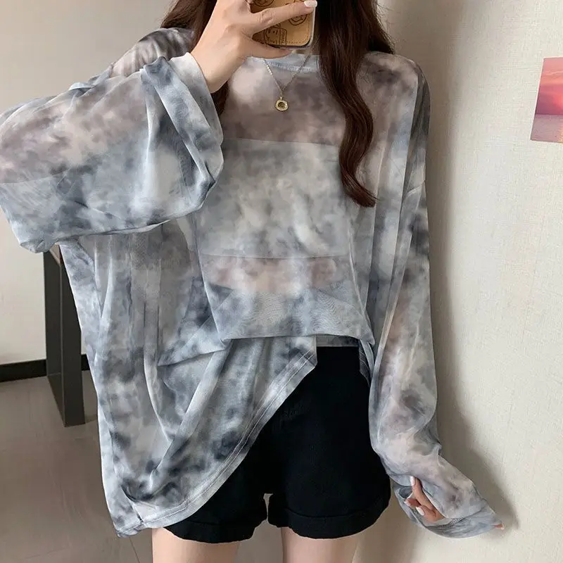 2024 Summer Round Neck Mesh Women\'s Top New Simplicity Loose Tie Dyed Long Sleeved T-shirt for Women Piece Women\'s Clothing