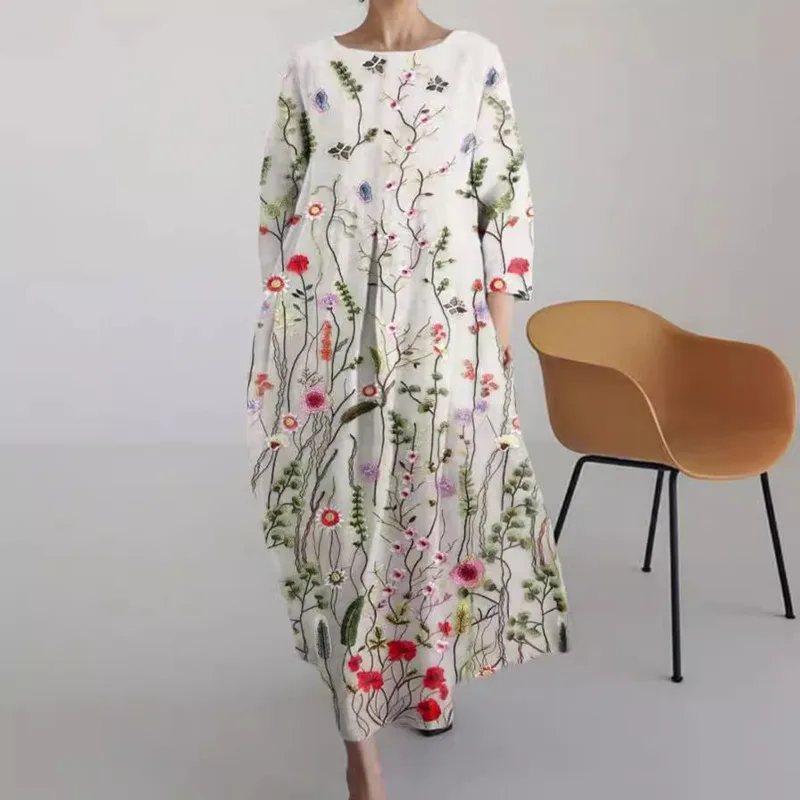 

Women's Abstract Floral Print Vintage Dress Spring V Neck Long-sleeved Loose Dress Pocket Bohemian Resort Long Cardigan Dress