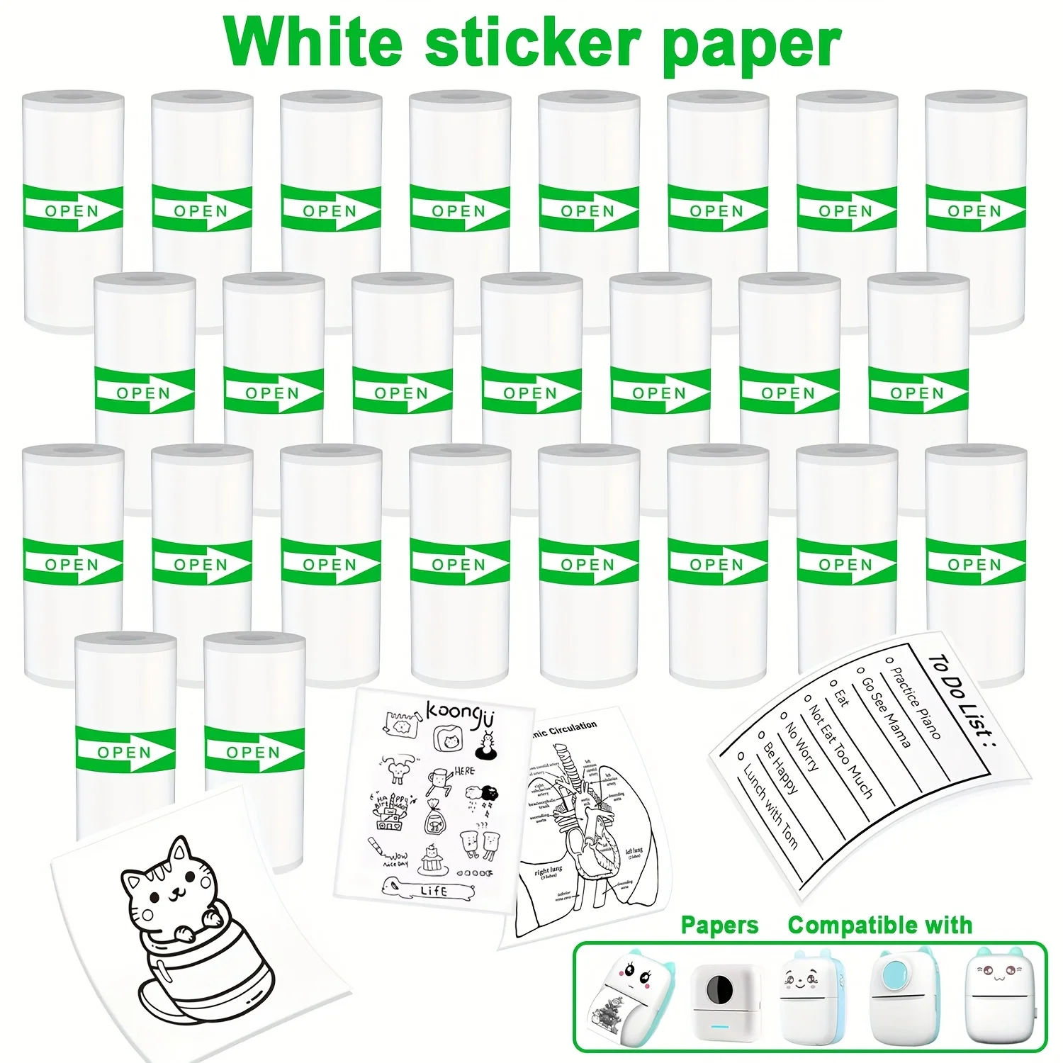 15/25 لفة من الورق الحراري ذاتي اللصق مقاس 57 مم - تناسب معظم الطابعات المحمولة والصور/المذكرات/الملاحظات/قوائم المهام/الاستخدام المدرسي