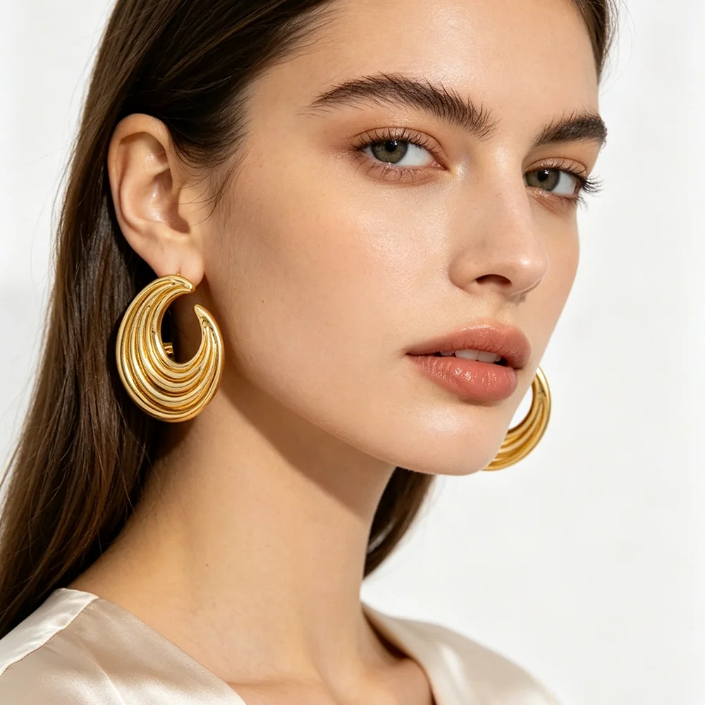 Women 18K Gold Plated Layered Crescent Swirl C‑Shape Earring & Ring Set African Ethnic Statement Jewelry Party Wedding Gift