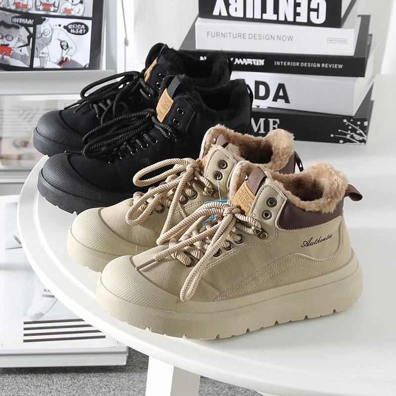 

Мужские зимние утепленные флисом повседневные ботинки средней высоты, удобные рабочие ботинки в корейском стиле с круглым носком и плоской резиновой подошвой