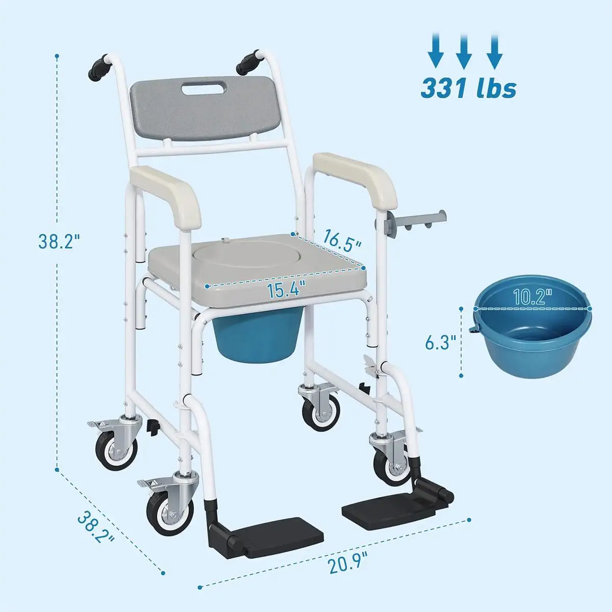 Gray Shower Commode Wheelchair for Seniors – Portable Bedside Toilet Chair