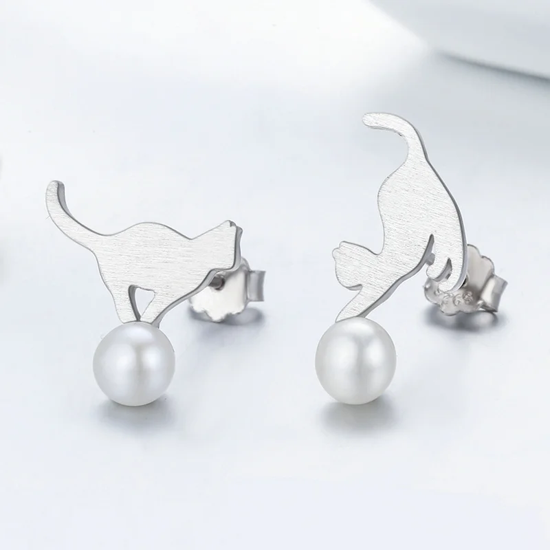 BAMOER 925 Sterling Silver Cute Cat Play Ball Drop Earrings Women Sterling Silver Shell Pearl Earrings Jewelry Gift SCE235