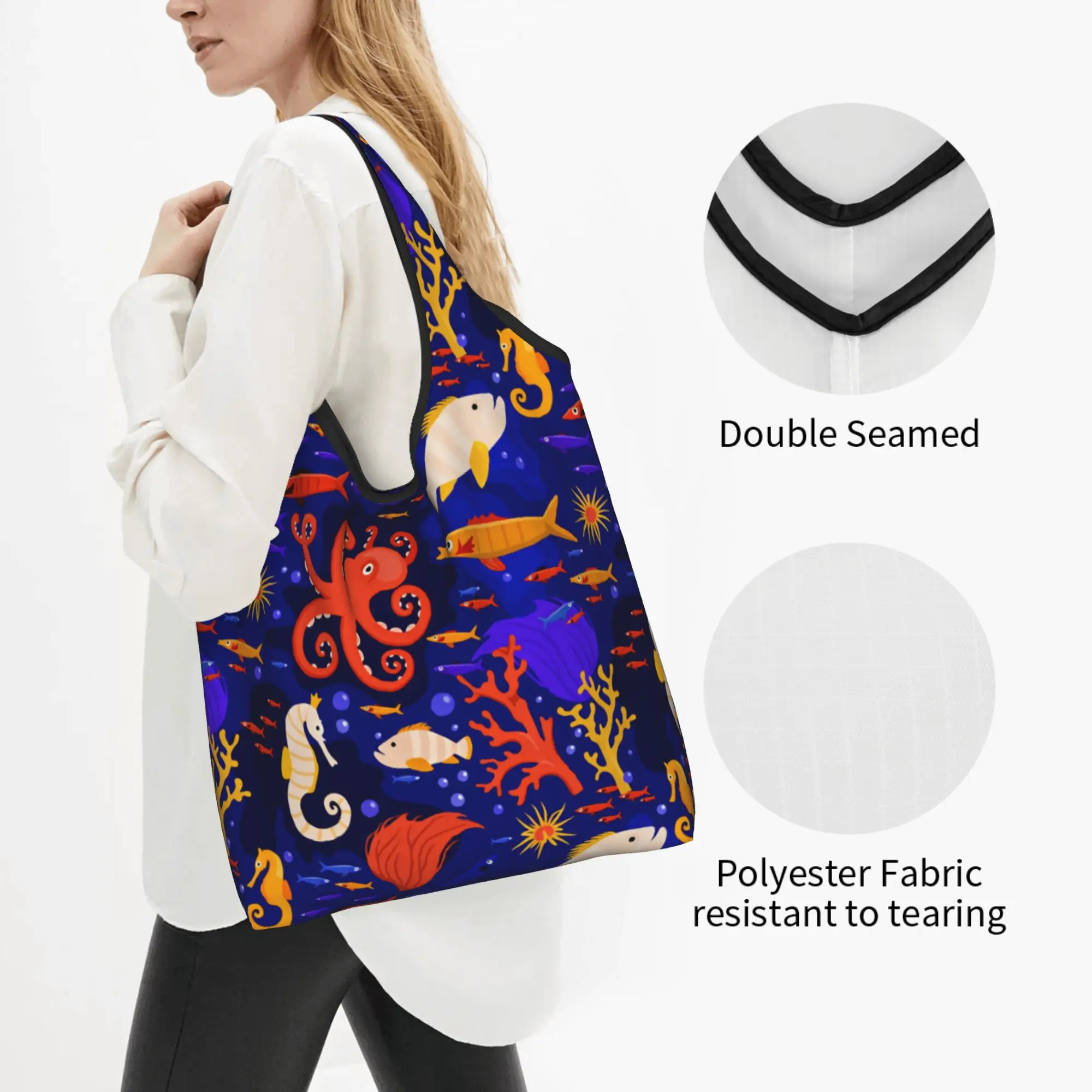 Marine Life Octopus Seahorse Groceries Shopping Bag Kawaii Shopper Tote Shoulder Bag Big Capacity Portable Tropical Fish Handbag