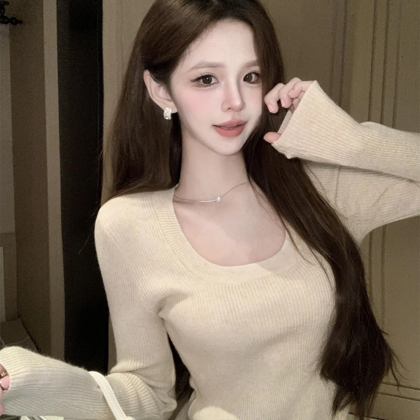 

Slim Fit round Ne Color Knit Sweater Women's Long Sve Autumn Winter Faion Simple Sle Base Layer T-irt