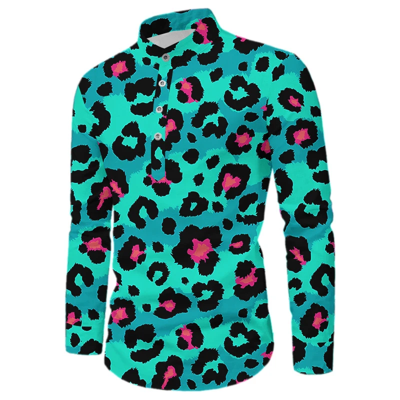 Camisas de leopardo para hombre, Camisas de manga larga hawaianas, blusa de playa de Cuba, ropa de calle con botones, 2024