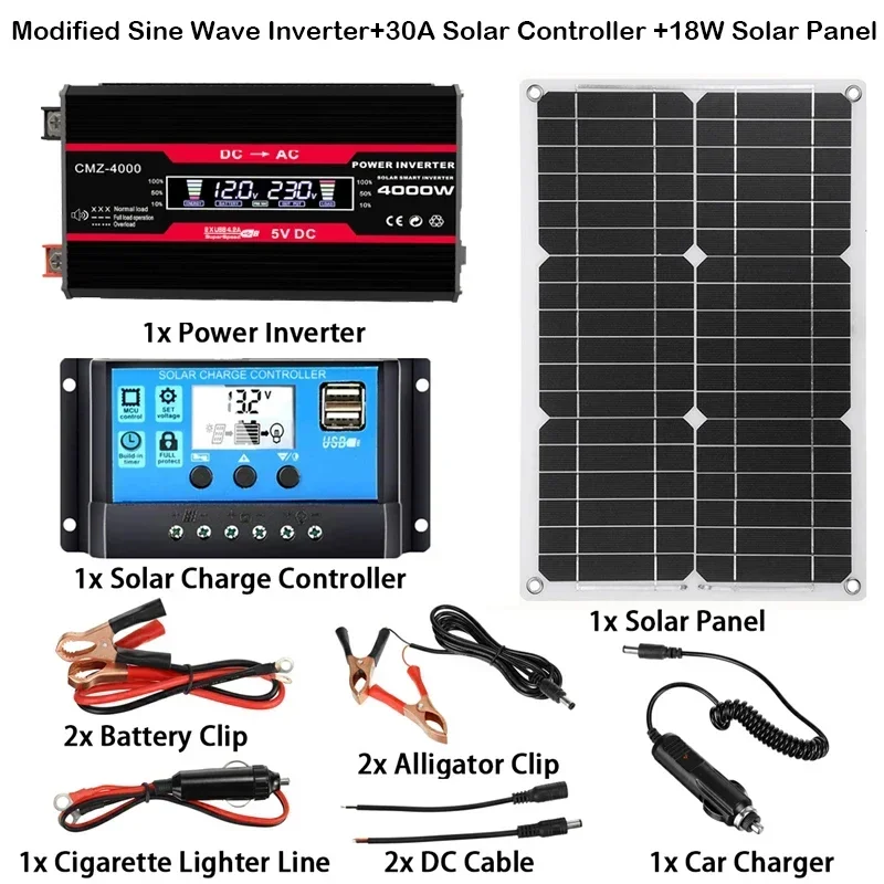 

110V/220V 18W Solar Panel+30A Chargers Controller+4000W Modified Sine Wave Inverter Solars Panels System Power Generation Kit