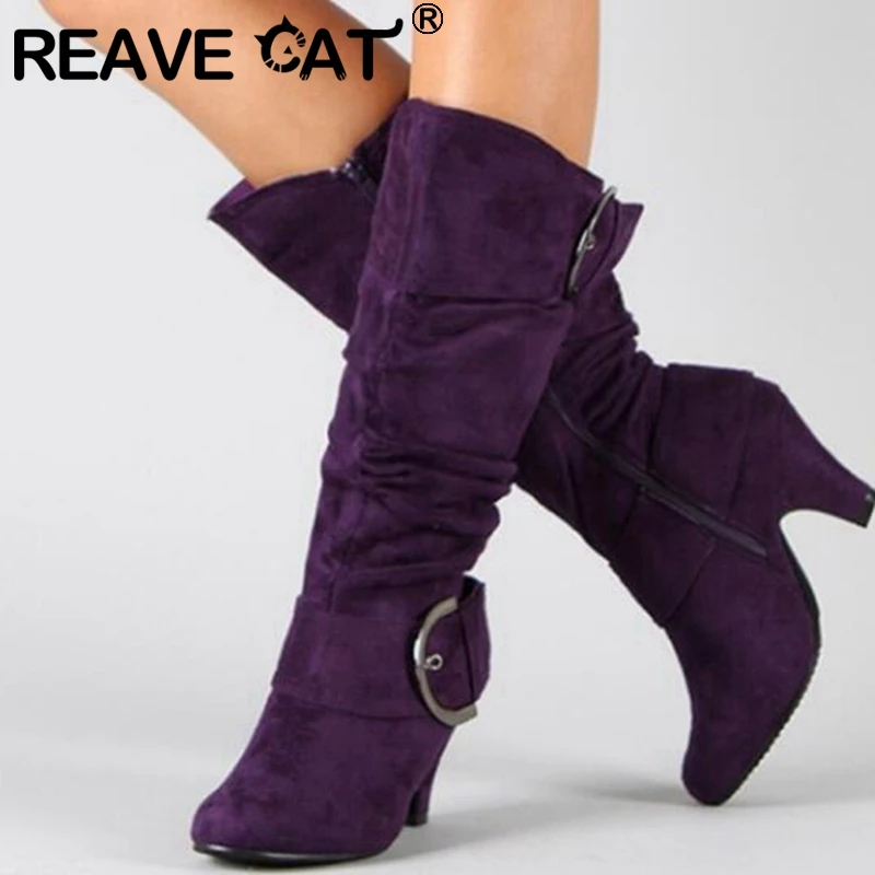 REAVE CAT 2021 Knee High Boots Autumn Faux Suede Wide Pleated Slouchy Buckle 5cm Spike Heels Size 35-43 Grey A4370