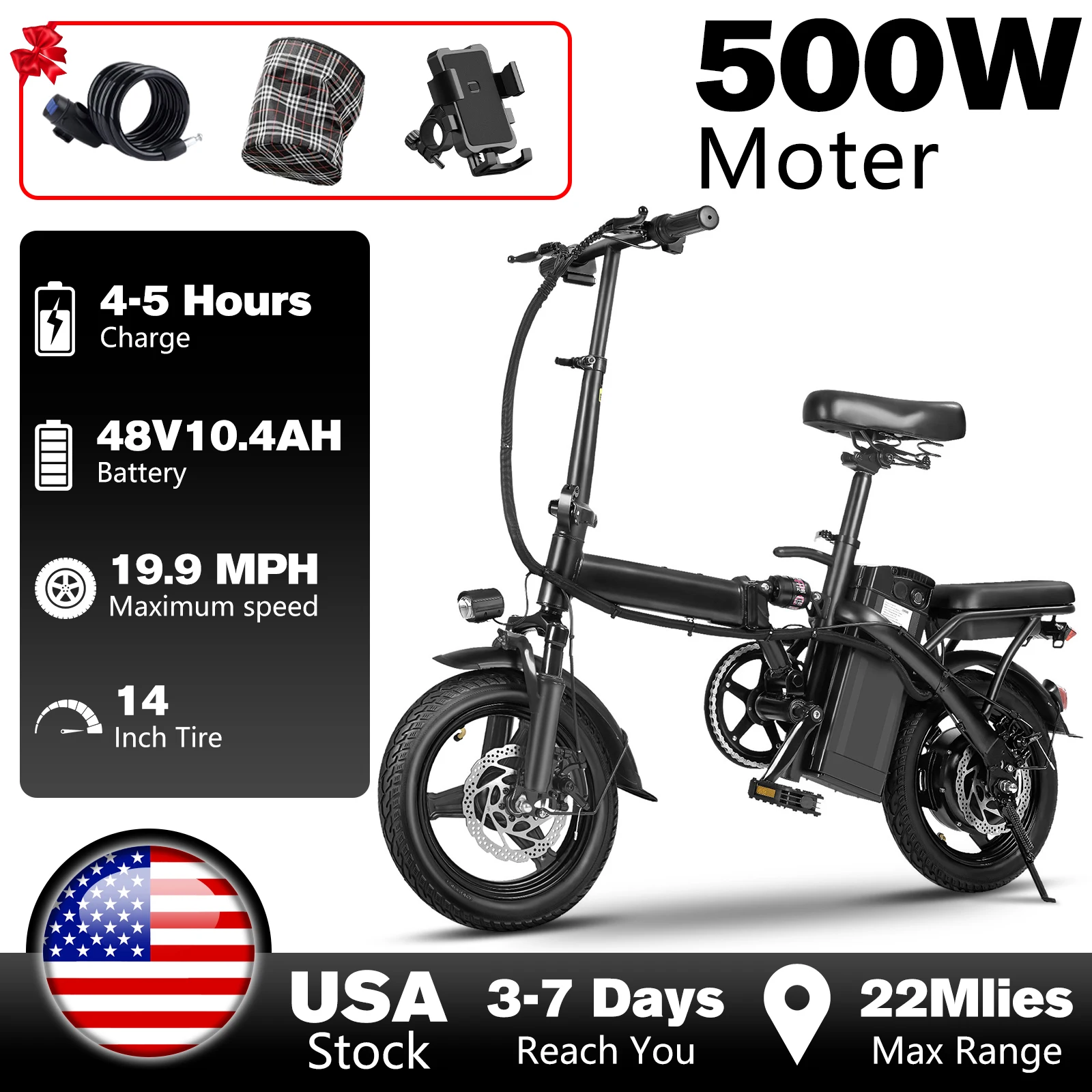 Rower elektryczny składany dla dorosłych, 500W, prędkość 32 km/h, akumulator 48V 10.4Ah z możliwością wyjmowania, opony 14 cali, z siedziskiem i koszykiem.