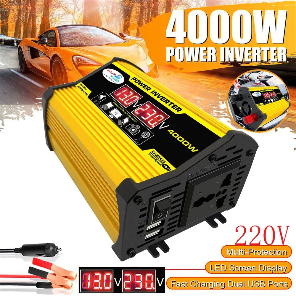 DC 12V to AC 220V 4000W Car Inverter LED Display Multifunction 2 USB Power Converter Charger Adapter