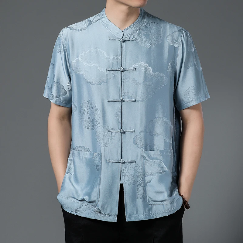 

National Style Tang Costume Shirts For Men Short Sleeve 100% Silk Summer Top Quality Jacquard Lightweight Frog Camisas De Hombre
