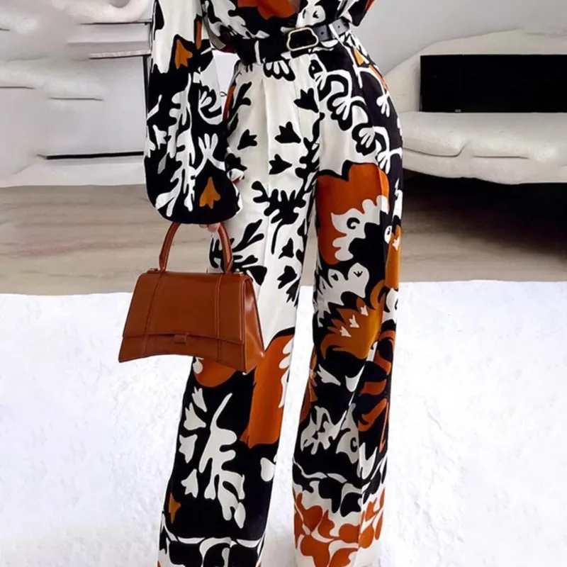 Fashionable Women's Printed Suit With Elegant Temperament, Two-piece Set With Belt, Lantern Sleeves, Long Sleeves, And Pants Set