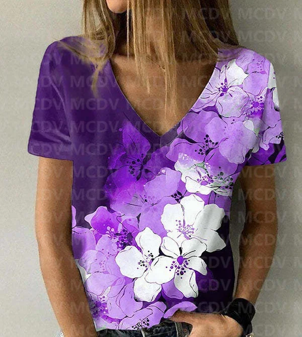 

Women's Casual V-Neck T-shirt Flower 3D All Over Printed T Shirts Sexy Women For Girl Tee Tops shirts 4 color