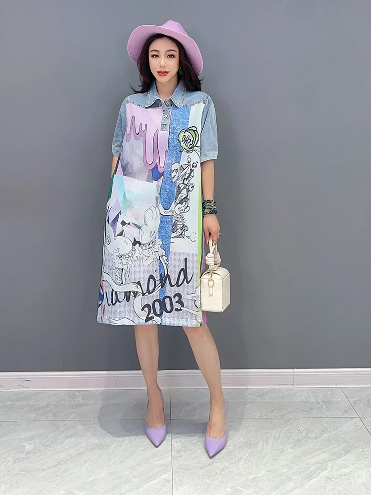 The new summer 2023 ms printed shirt dress with short sleeves comic splicing cowboy show thin big yards dress anime t shirts