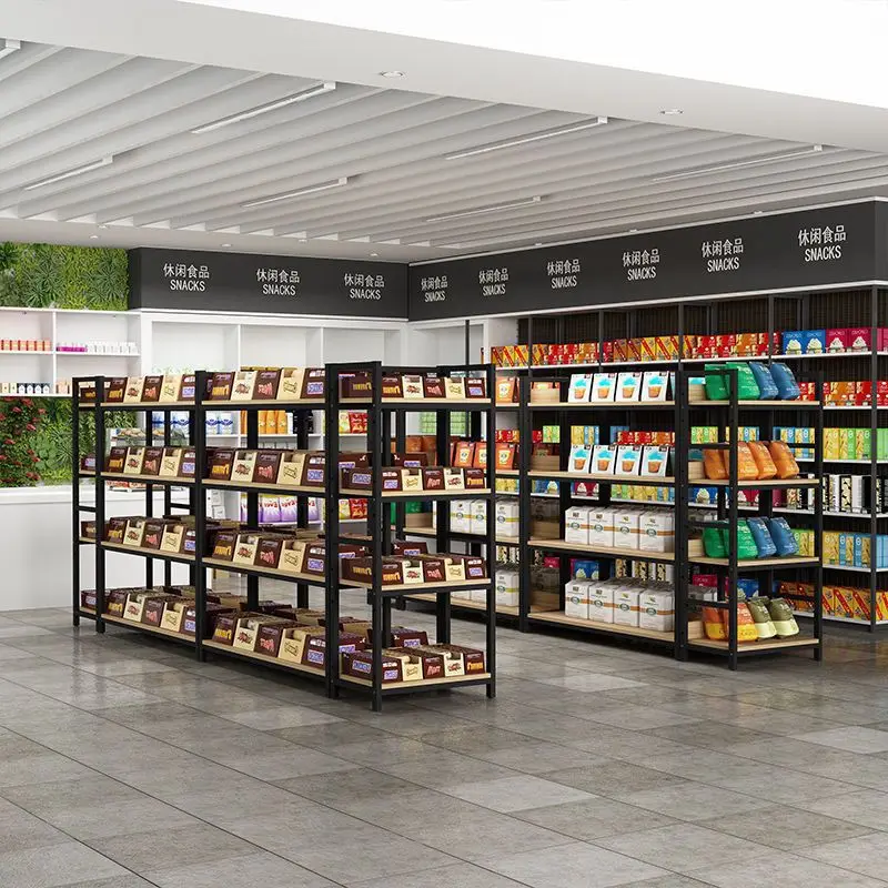 Custom. Supermarket Shelf Single and Double Sided Storage Rack Island Multi-layer Steel Wood Display Rack Convenience Store Snac