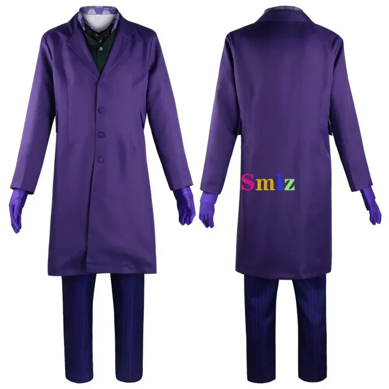 Heath Ledger traje de Cosplay Halloween hombres película Caballero Joker disfraz chaqueta púrpura gabardina chaleco pantalones juegos completos CMM1401