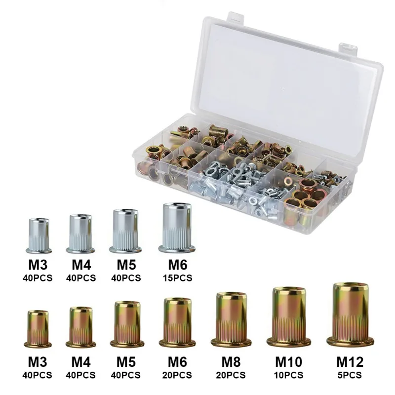310Pcs Boxed Rivet Nut Kit M3‑M12 Galvanized Steel & Aluminum Vertical Pattern Rivnut Assortment Set for Metal Sheet Work