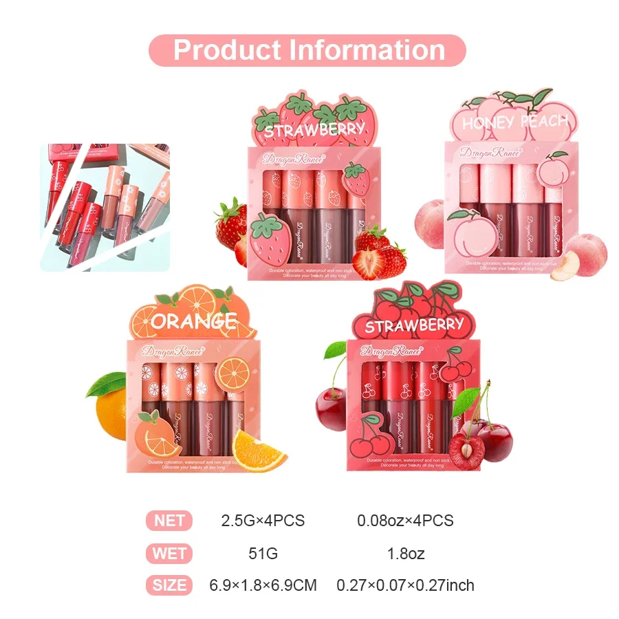 Velvet Matte Lip Glaze Set, Non-Fading, Non-Stick Cup, Fruit Makeup Lip Gloss, Four Mini Set