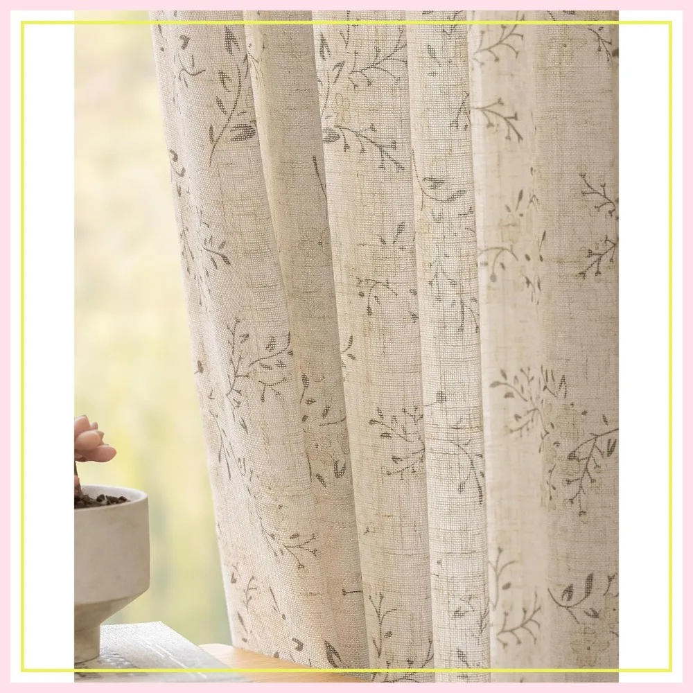 

Floral Linen Curtains Light Filtering Back Tab Rod Pocket 2 Panels 52x95 Taupe Beige