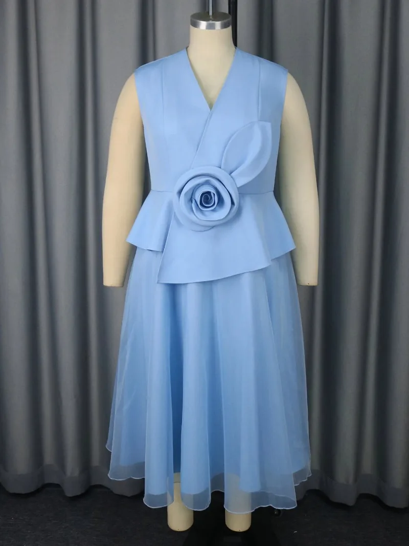 Women Blue Dresses Elegant A Line Tulle 3D Flower V Neck Peplum Belly Cover Party Plus Size Curve Female Fashion Wedding Guest