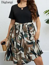 Plus Size letnia sukienka Midi kobiety czarne Graffiti nadruk patchworkowy Casual sukienki damskie luźna moda kobieca sukienka 2023