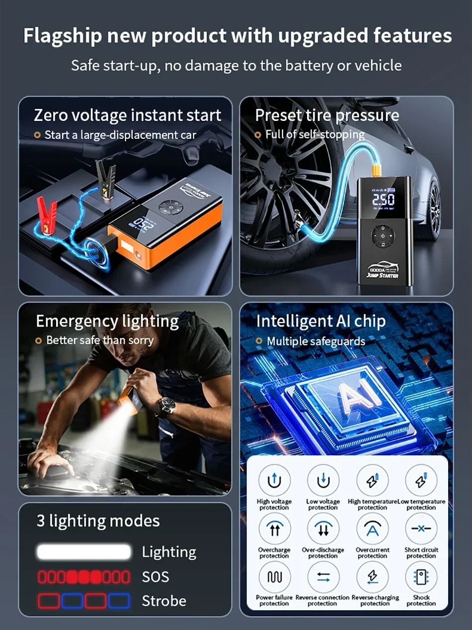 8000amp A 180psi Powerful Car Jumper Multifunction 12v Battery Booster Super Compressor Power Bank Jump Starter With Air Pump