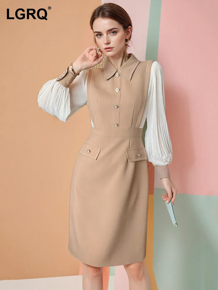 

LGRQ Women's Contrast Color Dress Fashion Soft Pleated Long Sleeve Lapel Minimalist Professional Dress 2024 Autumn New Clothing