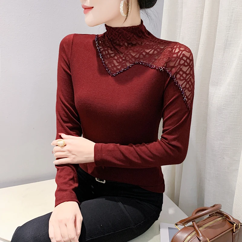 2025 Classic Embroidered Flares Cotton High Quality T-shirt Autumn Winter Woman Long Sleeve Top Half Turtleneck Hollow Out