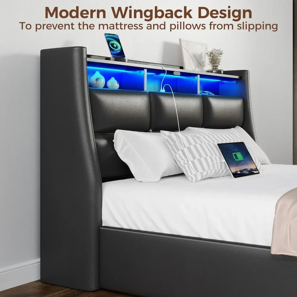 Twin Size Bed Frame with LED Lights and Charging Station, PU Leather Bed Storage Headboard & Drawers, Heavy Duty Wood Slats image 5