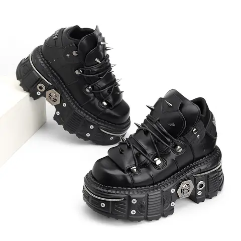 New Punk Style Women Shoes Lace-up Heel Height 6CM Platform Shoes Woman Gothic Ankle Rock Boots Metal Decor Woman Sneakers