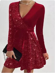 4 Color Sequined Gradient Long Sleeved Low Cut V-neck Sexy Dress High Street Fashion Banquet Party Autumn Elegant Dress