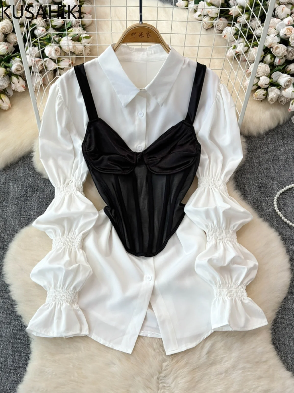 

KUSAHIKI French Korean Style Lantern Sleeve Shirt Top for Women's Camisole Vest for Spring Autumn Elegant Causal Two-piece Set