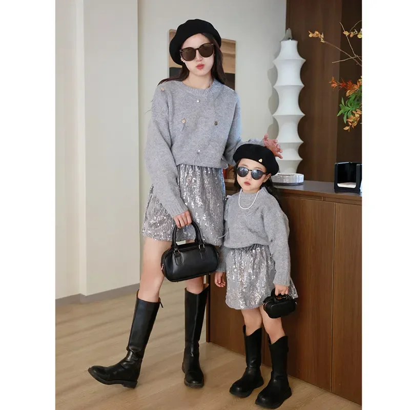 Fashion Mommy and Me Clothing Mother Daughter Matching Clothes Winter Mom and Baby Girl Thick Sweater Warm Shiny Skirts Outfits