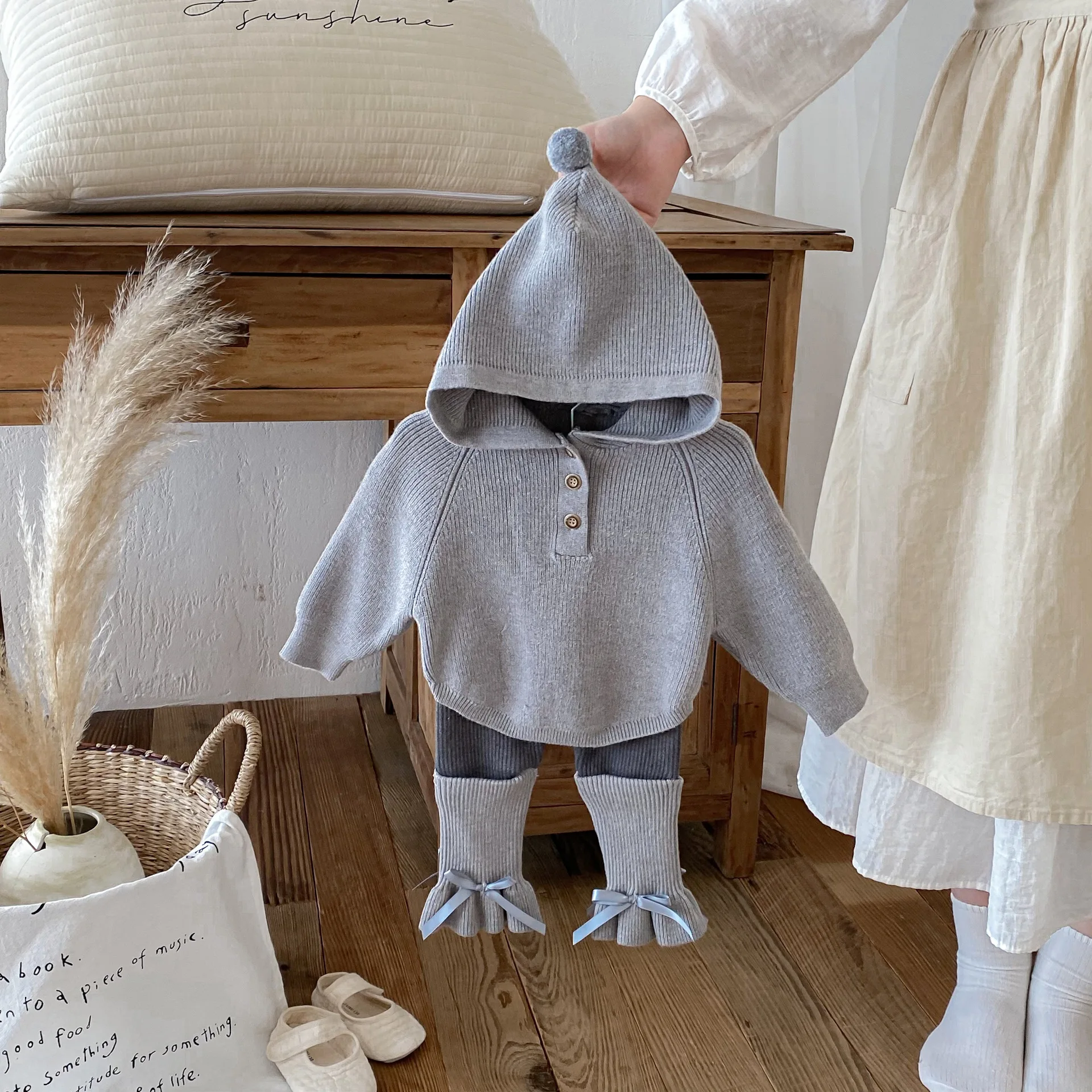 2026 Spring New Baby Long Sleeve Knitted Clothes Set Girls Hooded Sweater + Pants 2pcs Suit Solid Simple Toddler Cotton Outfits 4