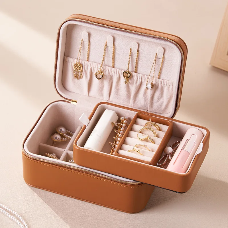 Beige Cream Jewelry Box Organizer Waterproof PU Leather Multi-Layer Travel Storage Case for Necklace Ring Studs Gift for Her