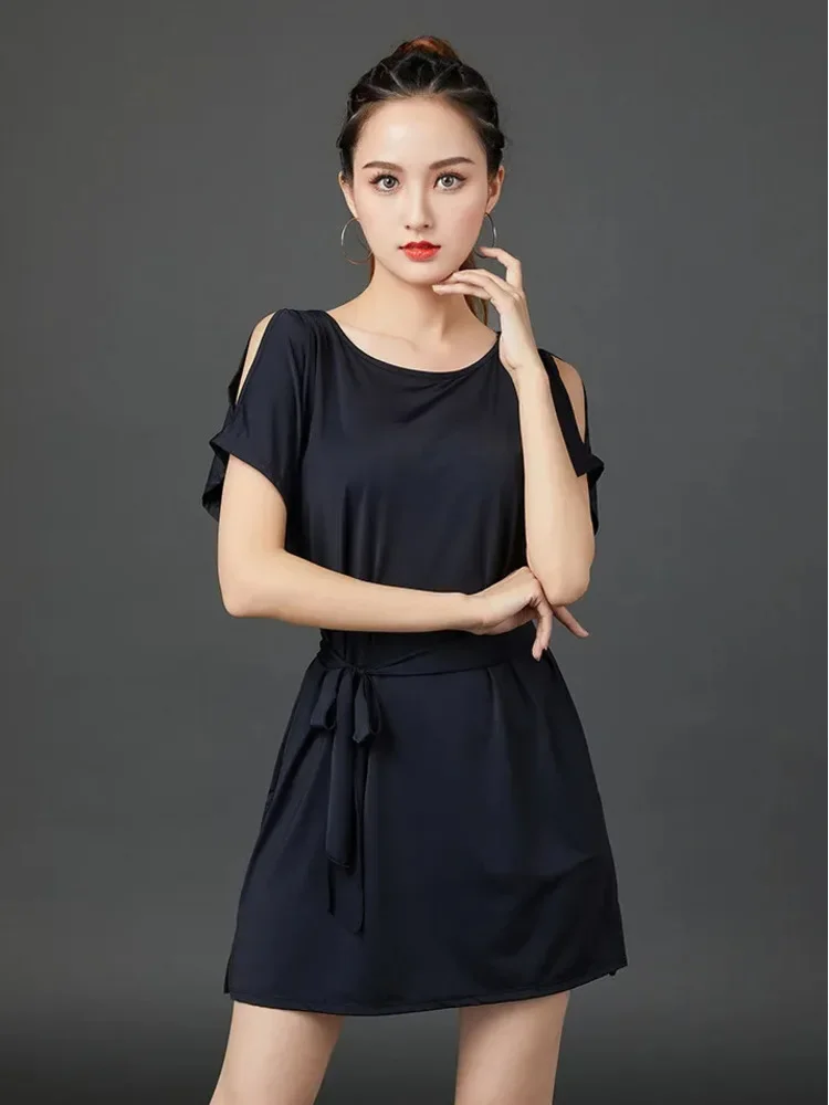 solid-color-loose-latin-dance-dress-–-short-sleeve-round-neck-performance-costume-for-women-2025-new-products