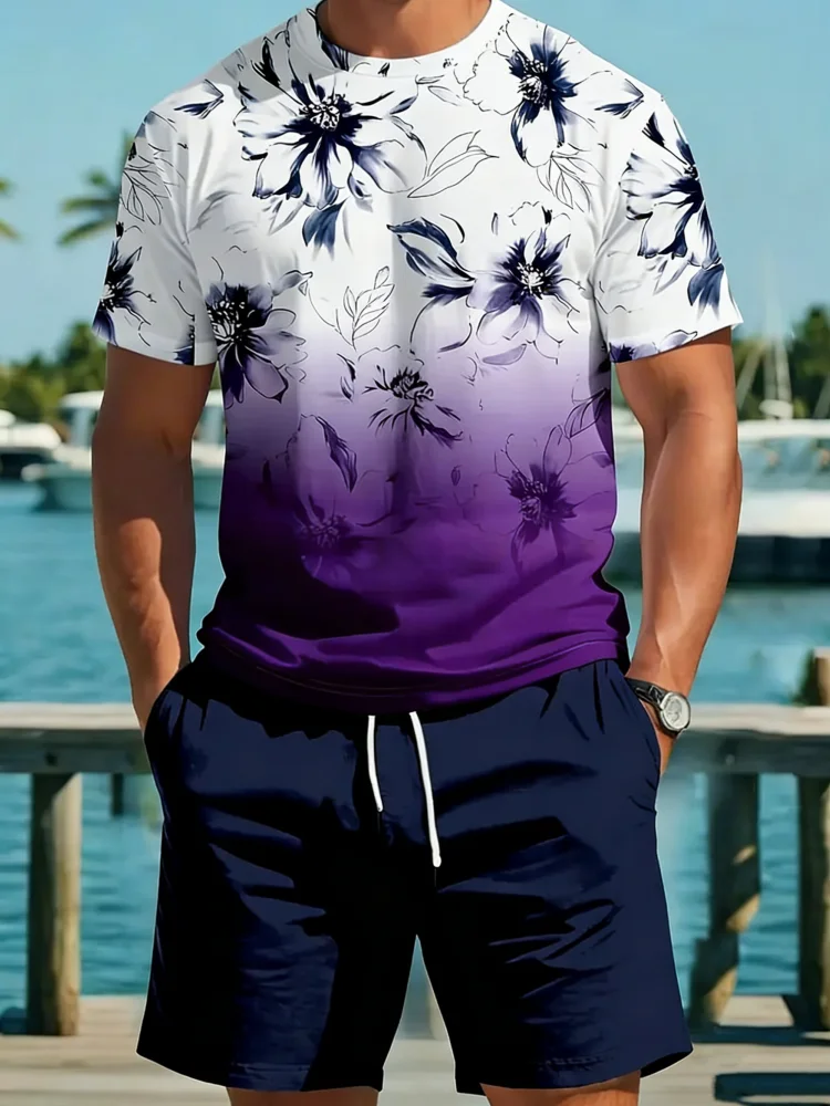 

Летние повседневные комплекты футболок с круглым вырезом, дышащая, быстросохнущая мужская одежда, футболки с 3D цветочным принтом, шорты, повседневная свободная одежда