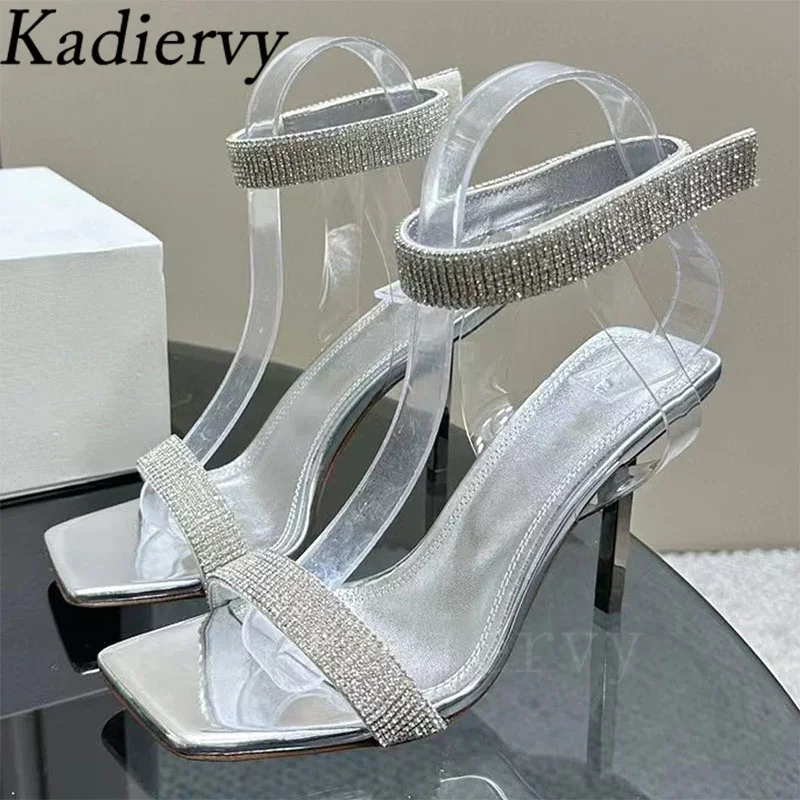 Sandalias de gladiador de tacón alto para mujer, zapatos de boda con correa en el tobillo y diamantes de imitación brillantes, sandalias de cristal de aguja para verano