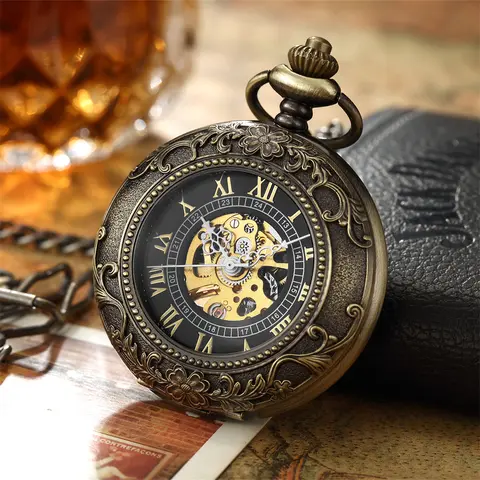 Vintage Skeleton Mechanical Pocket Watch Engraved Floral Design Hand Wind Fob Watch With Chain For Men Women Luxury Antique Gift