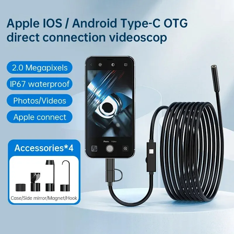 Endoscope Camera With Light For iPhone iPad IOS & Android Type-c Waterproof Borescope Industry Soft Wire Inspection Mini Camera