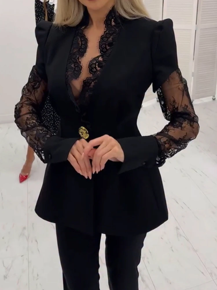 رمش الدانتيل تقليم العميق الخامس الرقبة نفخة الأكمام معطف السترة واحدة الصدر #4