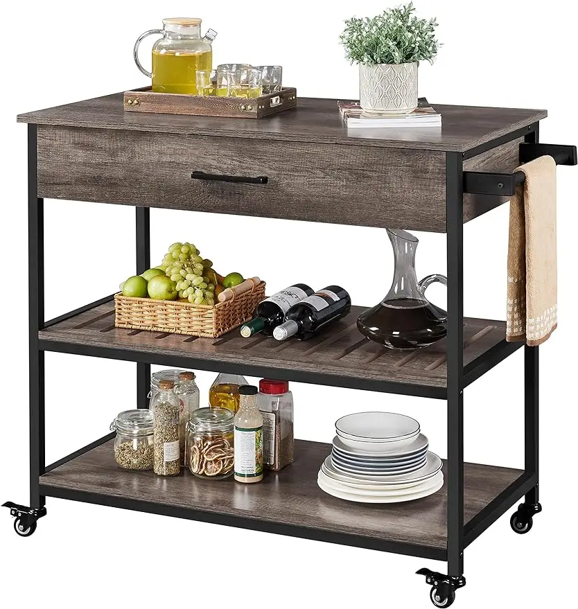 

Kitchen Island on Wheels with Storage Drawer & Shelves, 3-Tier Utility Kitchen Cart with Towel Rack & Lockable Wheels