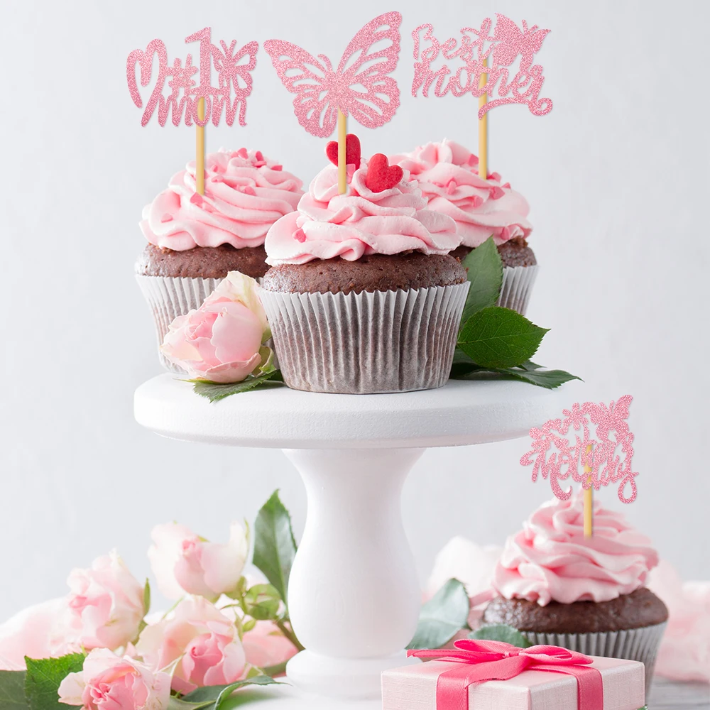 12/24 Uds. Adornos rosas para tarta del Día de la madre, decoración de tarta con letras de la mejor mamá, flor, mariposa, suministros para fiesta del día de la madre