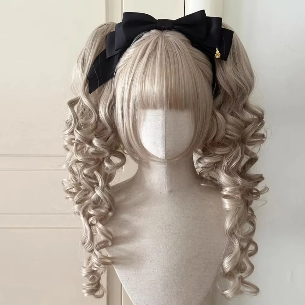 Synthetic Short Lolita Cosplay Christmas Halloween Bob Brown Blonde Wig With Long Curly Ponytail Natural Fake Hair for Women image 5