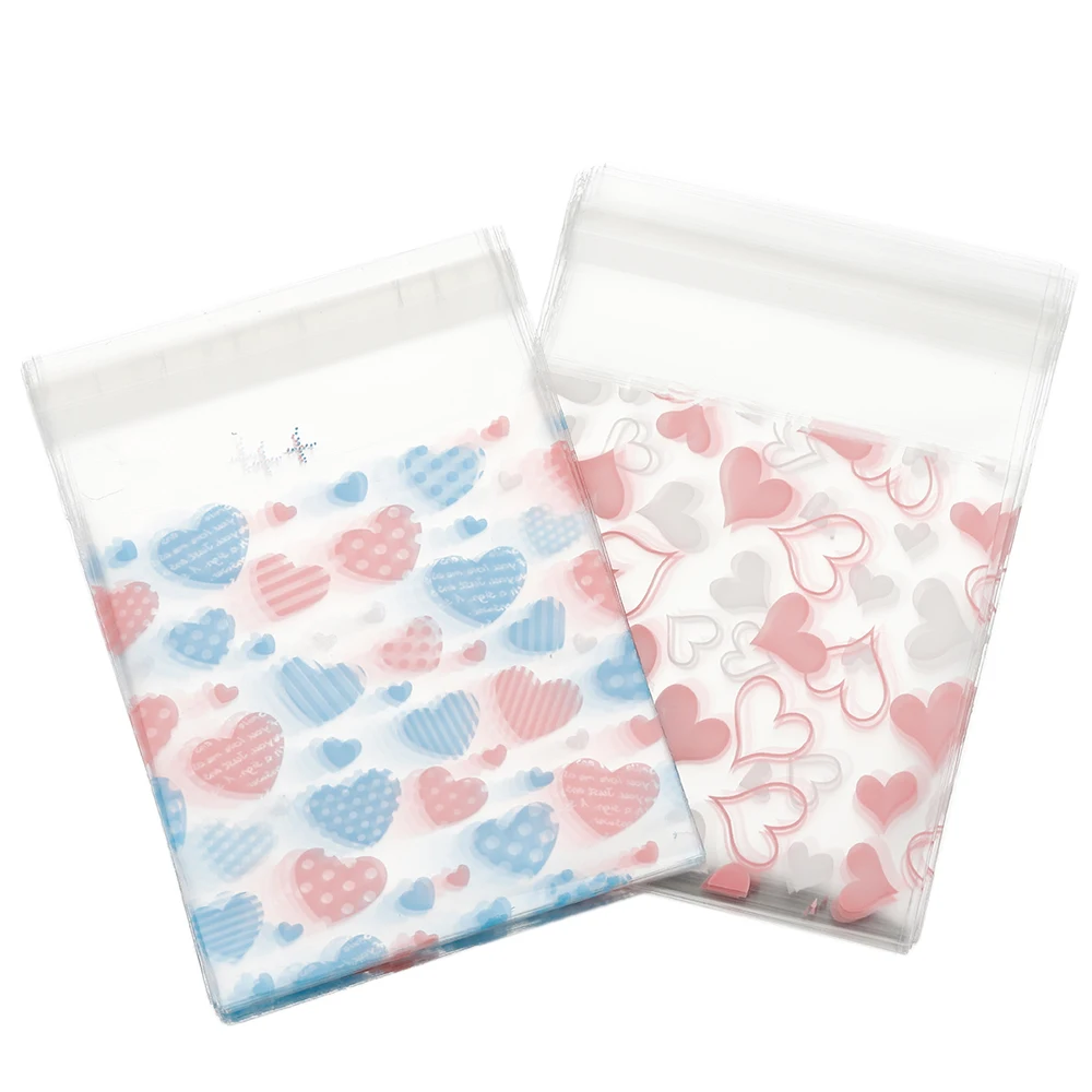 100Pcs/50pcs 7x7cm Plastic Transparent Heart Bags for DIY Jewelry Candy Cookie Gift Self Adhesive Pouch Storage Packaging Bags