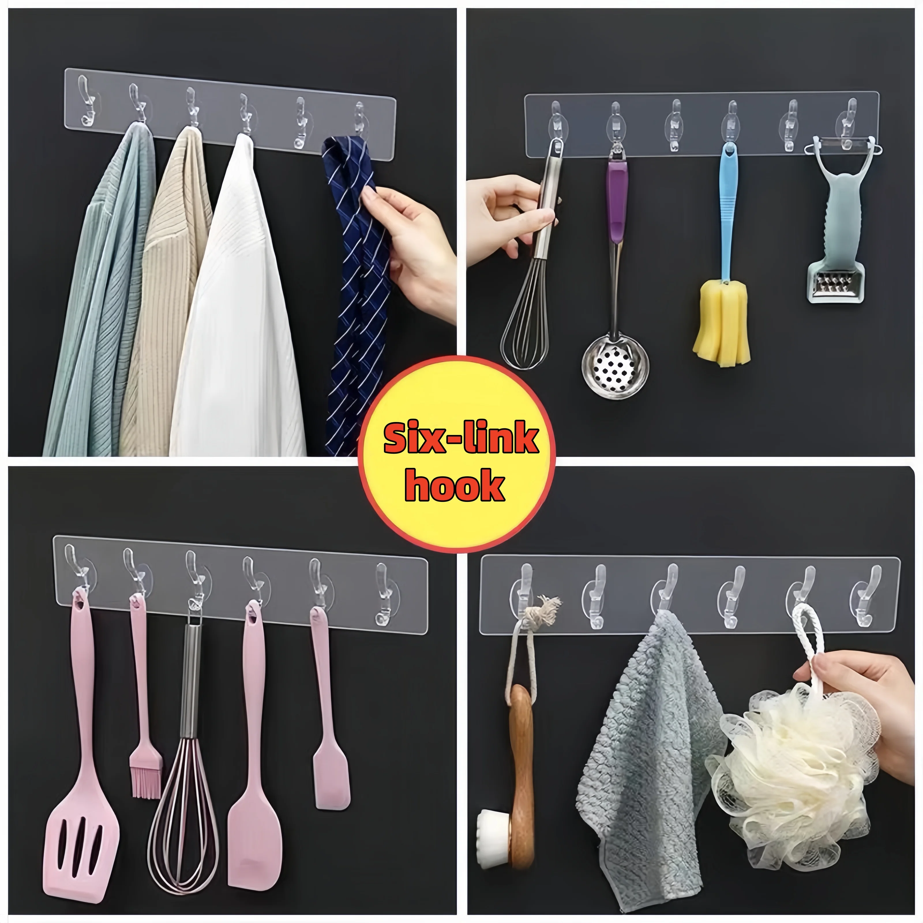 6Row Multipurpose Hooks Nail-free Transparent Holder Strong Self Adhesive Wall Hook Kitchen Bathroom Traceless Hanger Stickers