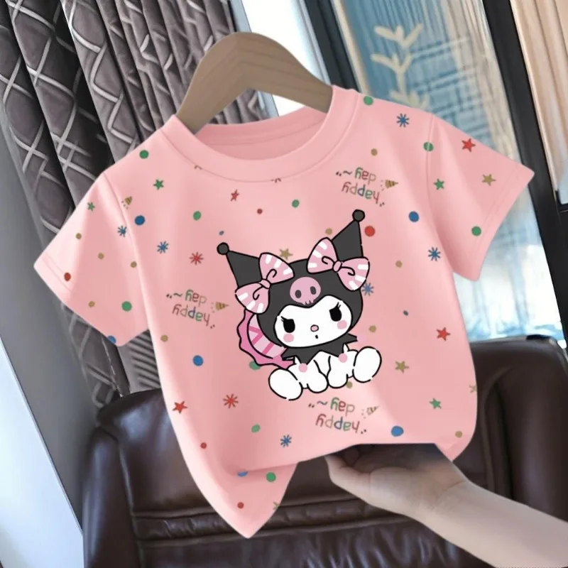 New Sanrio Anime Kawaii My Melody Kuromi 코튼 반소매 셔츠 귀여운 베이비 Cinnamoroll 프린트 까마귀 탑 선물 어린이를위한