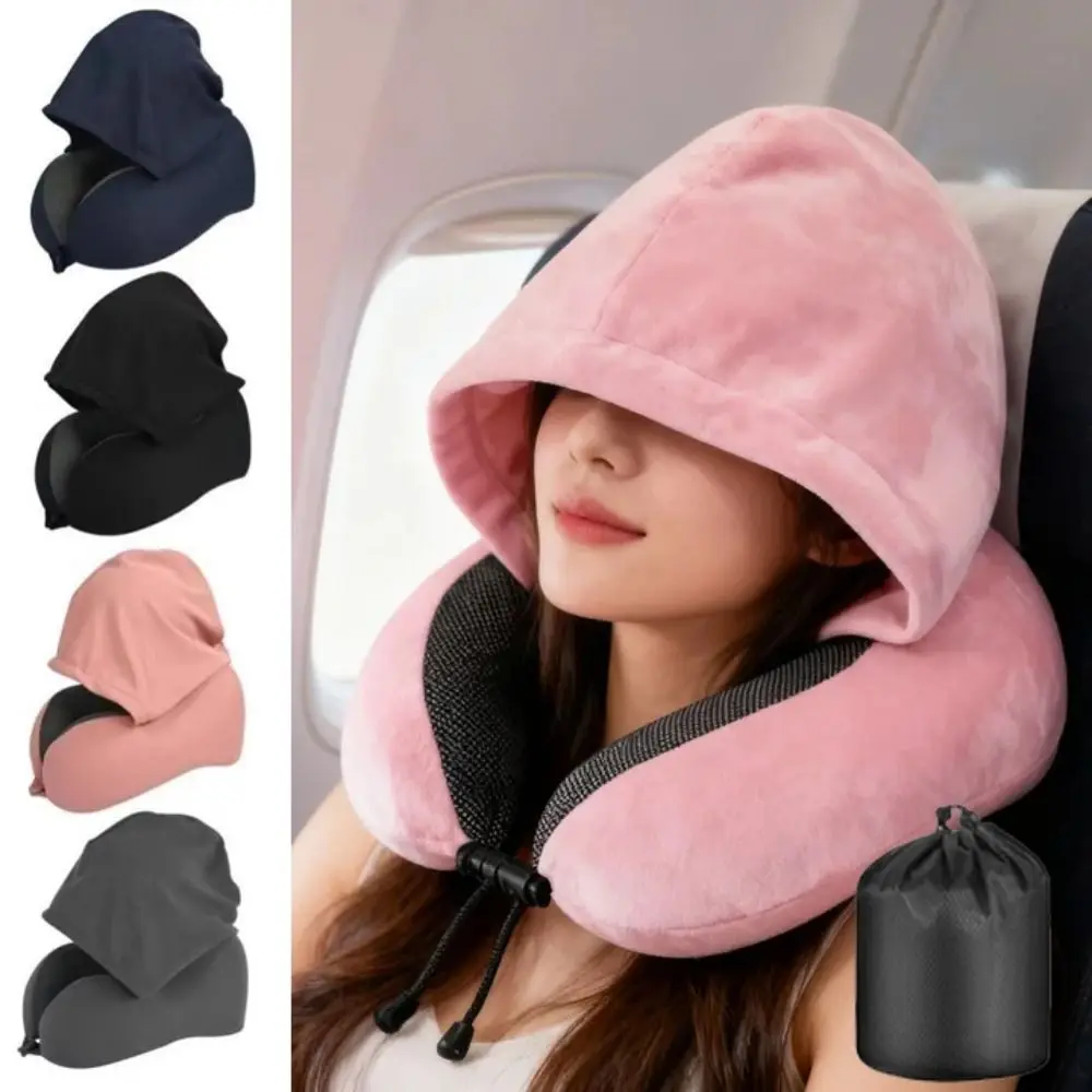 Removable Travel Neck Pillow Adjustable Washable Cover U-shaped Pillow with Cap with Storage Bag Soft Support Car Neck Cushion