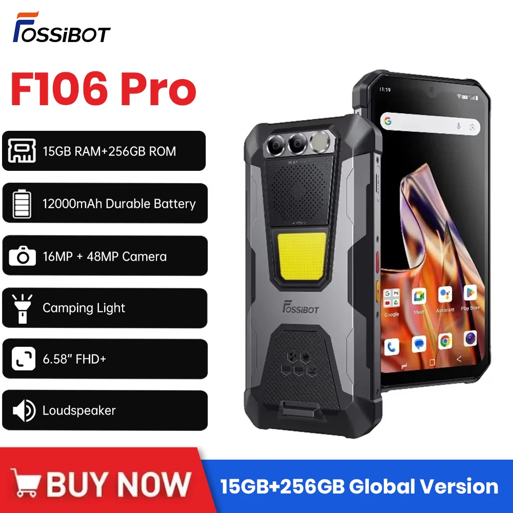 FOSSiBOT F106 PRO Rugged Phone 6.58''FHD Display 12000mAh 30W Fast Charging 20MP Night Version With Loudly Speaker Smartphone